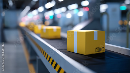 Yellow shipping boxes moving along a conveyor belt in a modern warehouse or distribution center.
 photo
