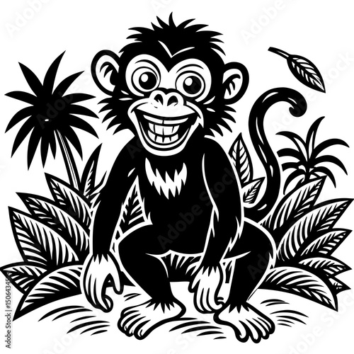Happy chimpanzee in tropical jungle setting