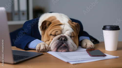 Bulldog in a business suit sleeping on a desk with a laptop, coffee cup, and paperwork.
 photo