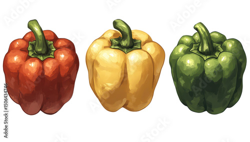 Three bell peppers, red, yellow, and green, depicted in a stylized, painterly manner against a black background