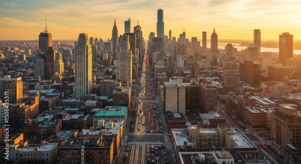 Fototapeta premium Breathtaking Cityscape During Golden Hour, Featuring Vibrant Moving Traffic Lights, Warm Sunset Glow Reflecting on Skyscrapers, Busy Urban Streets, and the Dynamic Energy of a Modern Metropolis