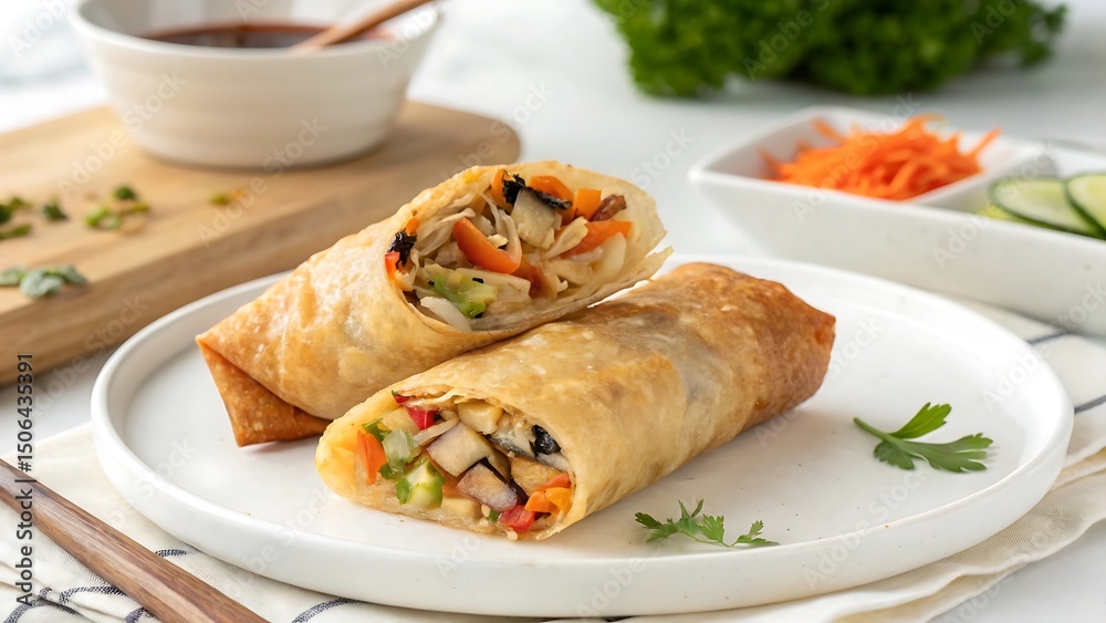 Tasty Asian Snack – Vegetable Spring Rolls Plated Elegantly Tasty Asian Snack – Vegetable Spring Rolls Plated Elegantly