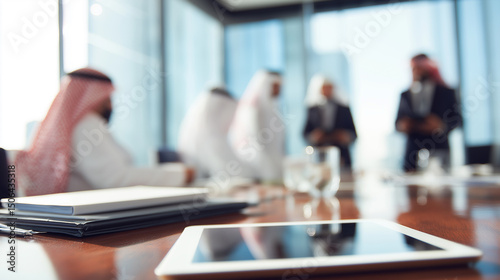Wallpaper Mural Tablet on a conference table with a group of Middle Eastern businessmen having a meeting in the blurred background.
 Torontodigital.ca
