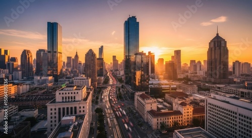 Breathtaking Cityscape During Golden Hour, Featuring Vibrant Moving Traffic Lights, Warm Sunset Glow Reflecting on Skyscrapers, Busy Urban Streets, and the Dynamic Energy of a Modern Metropolis