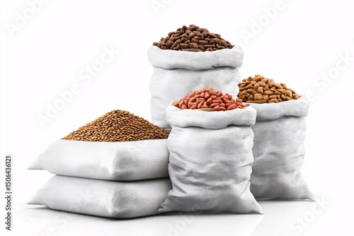 3D premium dry dog food in a bag for optimal dog health, isolated on white background.