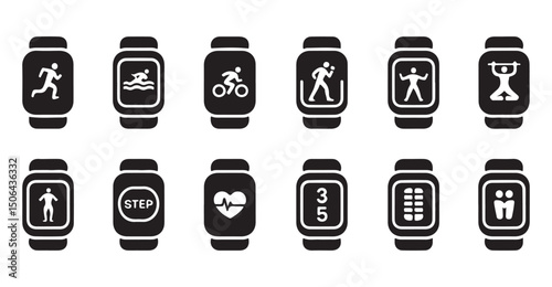 Fitness Tracker Icon Set – Smartwatch, Health, and Activity Monitoring Symbols.