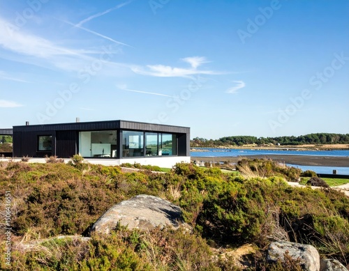 Modern black house by the sea. Stunning coastal landscape with contemporary architecture.