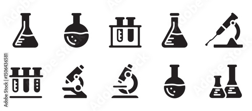 Science Lab Equipment Vector Icon Set – Chemistry and Laboratory Tools. black silhouette on white