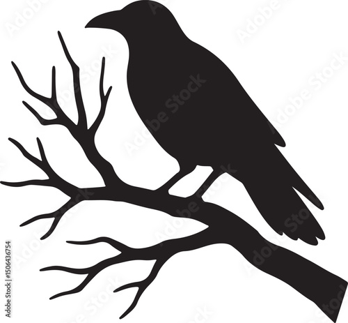 silhouette design of a raven bird sitting on tree branch vector illustration isolated on transparent background.