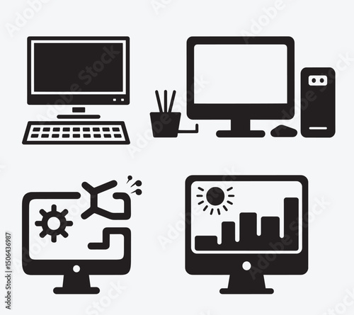 Computer icons set with technology-themed illustrations including monitors laptops and other devices for business and communication