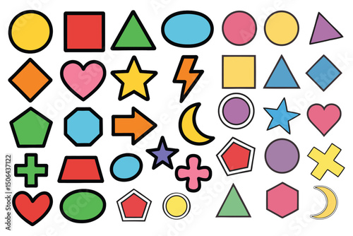 Colorful Cartoon Geometric Shapes Set – Educational Vector Icons for Kids Learning and School Materials