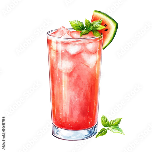 Refreshing watermelon beverage in tall glass with ice, garnished with mint and watermelon wedge