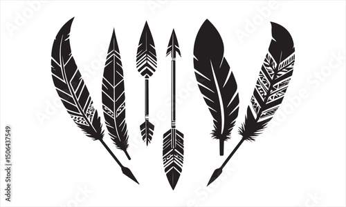 Tribal Feather and Arrow Silhouettes: Native American Inspired Designs for Boho, Ethnic, and Decorative Elements