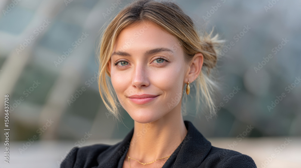 Obraz premium Confident young woman with blonde hair smiles gently showing economic growth and positive energy natural outdoor setting