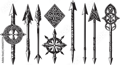 Set of Detailed Celtic and Tribal Arrow Designs with Ornamental Tips and Compass Rose Elements
