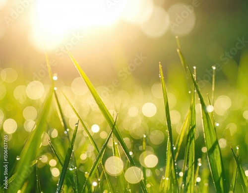 Close-up of dewy grass blades illuminated by morning sunlight, creating a bokeh effect.  Perfect for nature, spring, and fresh themes.