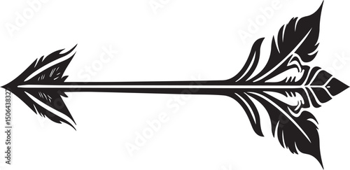 Decorative Ornate Arrow with Detailed Feathers and Leaf-like Fletching: Vintage, Tribal, or Bohemian Design Element Vector