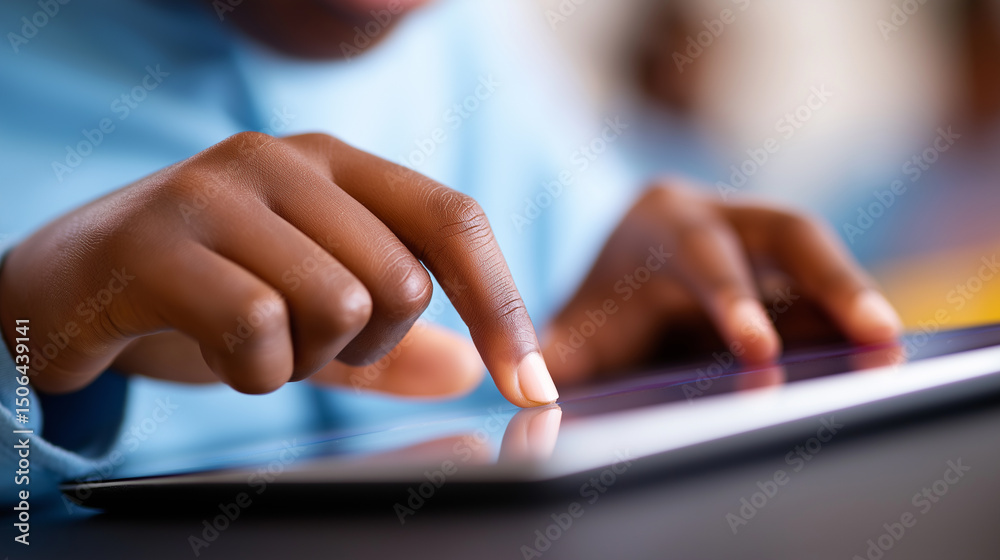 Fototapeta premium Close-up of child’s hands using a tablet, emphasizing digital learning and touchscreen interaction. 