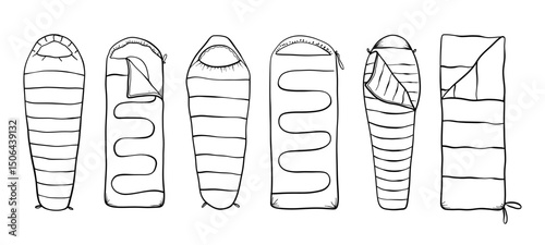 Sleeping Bag Line Art Set. Camping Equipment. Cozy Camp Sleep, Adventure Sleep Kit. Outdoor Nap Essentials. Vector illustrations. Coloring Page