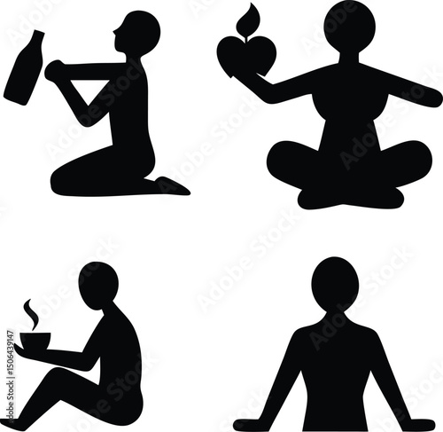 Healthy Lifestyle Icons – People Eating, Drinking Water, Meditating & Exercising