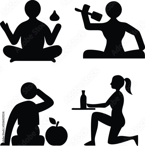 Healthy Lifestyle Icons – People Eating, Drinking Water, Meditating & Exercising
