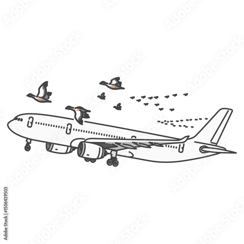 イラスト素材:航空安全・国際線旅客機と渡り鳥の群れ(バードストライクの危険性)