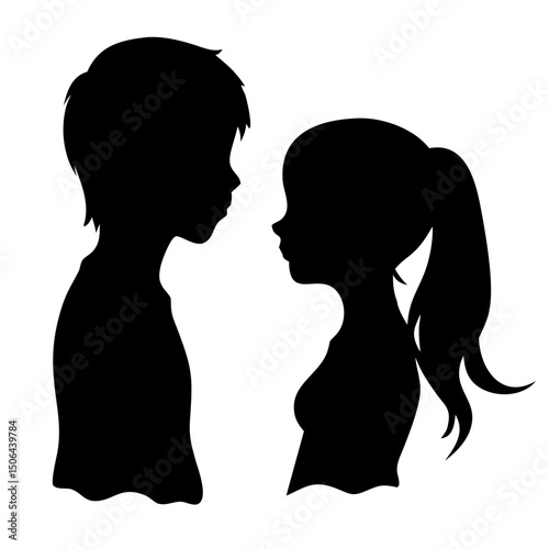 Silhouette of a boy and girl looking at each other isolated on white