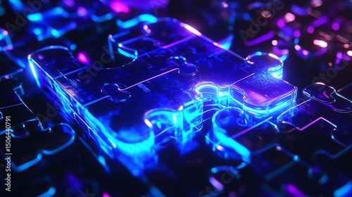 Neon Glow Puzzle Pieces Strategy Connection Success and Futuristic Concept Art Design Idea 100