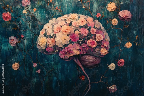 Abstract oil painting of a brain formed by intertwining flowers and vines on a dreamy floral background photo