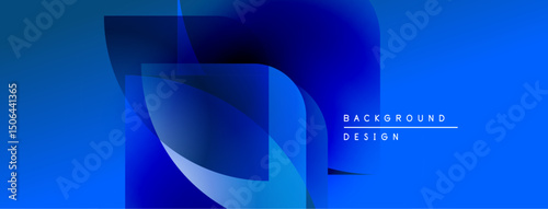 Abstract blue background features layered shapes, gradients. Modern design elements create dynamic visual effect. Text reads background design.