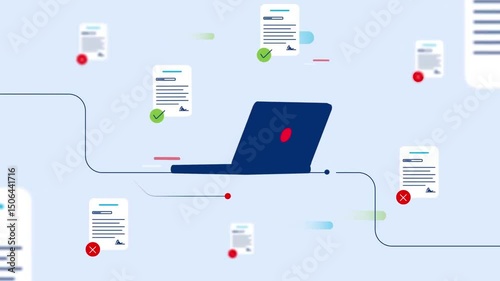  Animated laptop managing multiple documents in a digital workflow system, symbolizing online document management