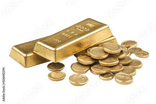Two gleaming gold bars rest atop a pile of similarly hued gold coins, all exhibiting a lustrous sheen