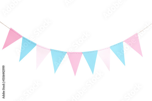 Pastel pink and light blue triangular bunting strung on twine
