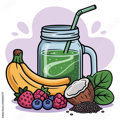 Fresh fruit juice and a healthy set of sweet fruits and berries in a glass bottle isolated on white