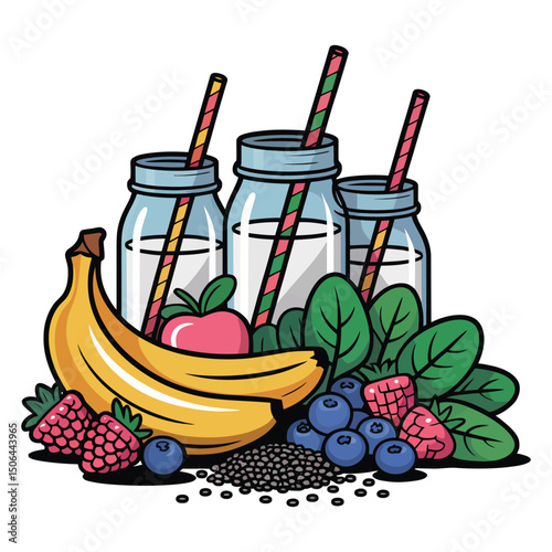 Healthy food and drink vector illustration set of fruit, jam, milk, tea, and wine in glass jars, cups, and bottles for breakfast or a sweet meal design art