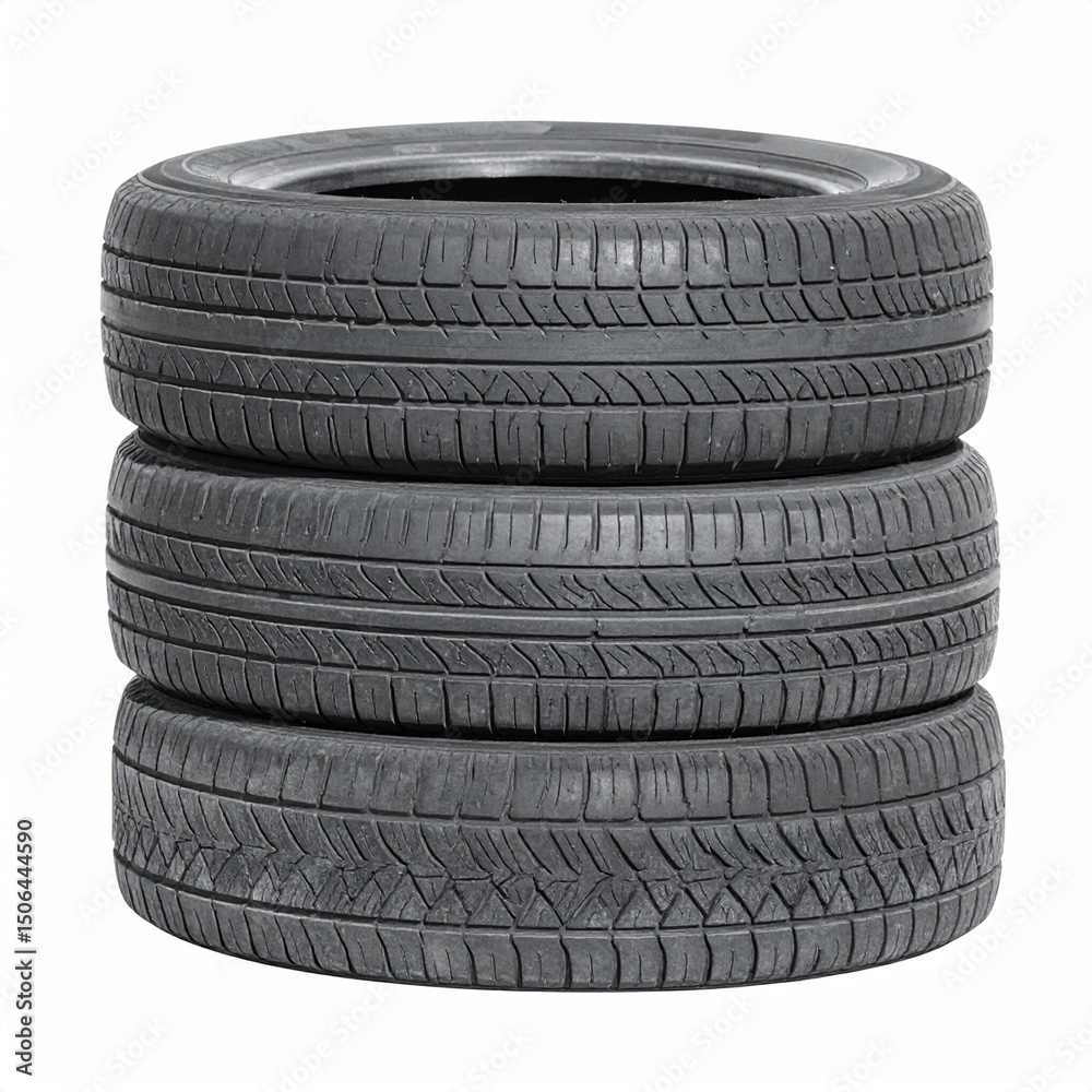 Obraz premium Stack of three used car tires on a white background. Good tread depth visible. For vehicle maintenance, replacement, or storage concepts.