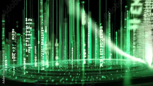 Abstract digital display showcasing glowing green code cascades and concentric ring patterns against a stark black backdrop