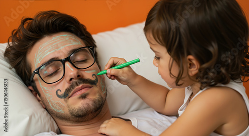 Sleeping father with glasses and drawn mustache while toddler daughter decorates his face with green marker against orange background. Father's day playful moment showing paternal patience