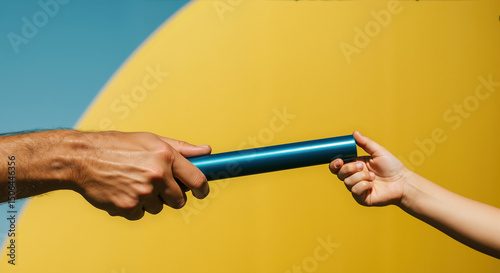 Adult and child hands passing blue baton on colorful background. Father's day leadership transfer and generational connection concept