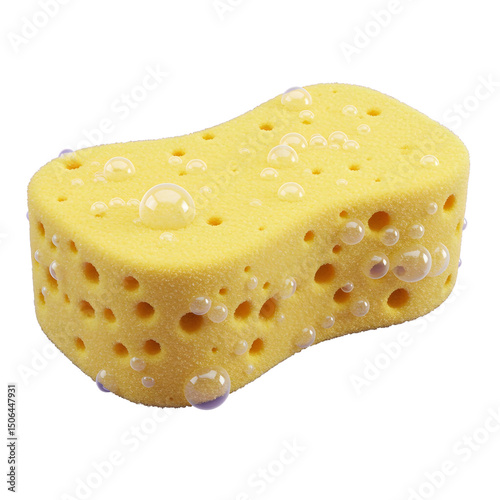Yellow 3D car cleaning sponge, cute bubbly texture, isolated on transparent background