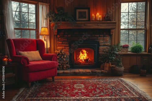 Cozy autumn fireplace room, window view, relaxation