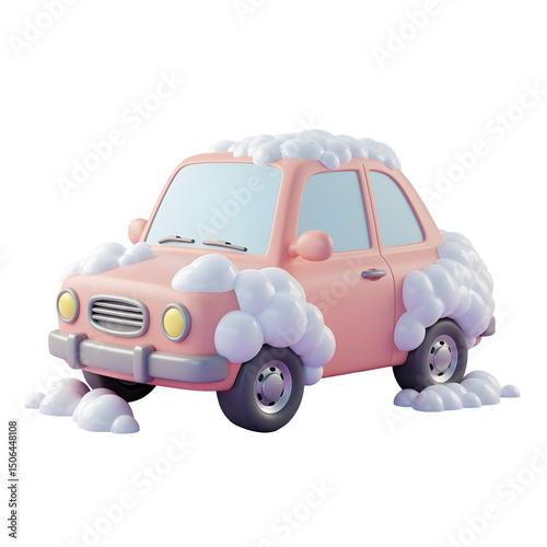 Cute stylized 3D render of a smiley face car partially covered in soap foam isolated on transparent background