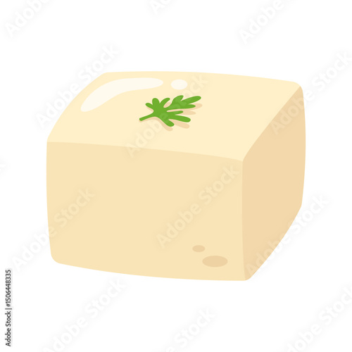 Fresh Tofu Block with Parsley Garnish on White Background