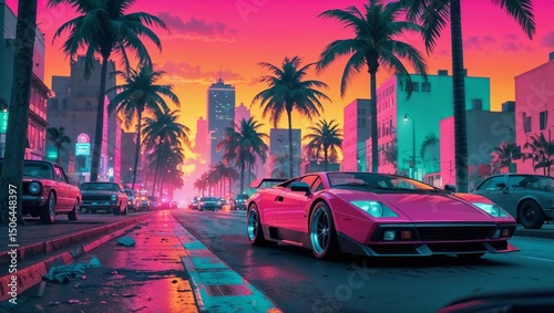 Wallpaper Mural Pink sports car driving down a city street lined with palm trees at sunset Torontodigital.ca