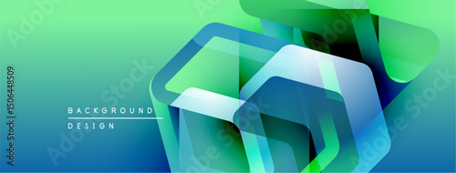 Abstract geometric shapes overlap, creating vibrant blue, green gradients. Modern design suggests technology, innovation, fluidity.