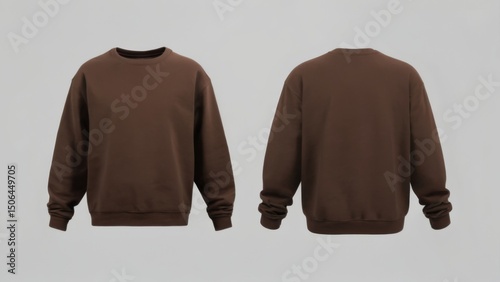 Brown sweatshirt with round neckline, long sleeves  front and back views on grey background, made of soft fabric.