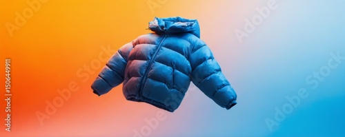 Blue quilted puffer jacket floating against vibrant orange and blue gradient background, creating a peaceful and serene atmosphere.