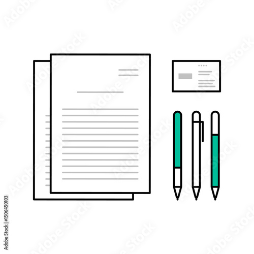 書類、ペン、名刺等の文房具イメージベクターイラスト