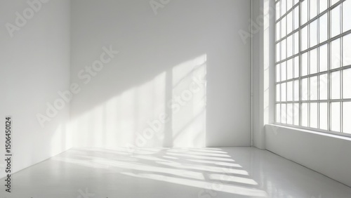 Bright and airy room with large window, minimalist aesthetic, and abstract shadows on white walls and floor.
