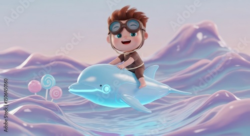 Enchanting voyage of a boy astride a luminous dolphin in a whimsical landscape